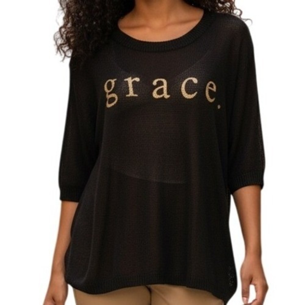 ANDTHEWHY LA Black Lightweight Mesh Knit Grace Graphic Top S/S NWT‎ M/L